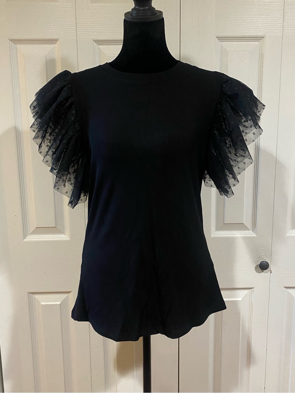 Elegant Black Ruffled Round Neck Cap Sleeve Blouse